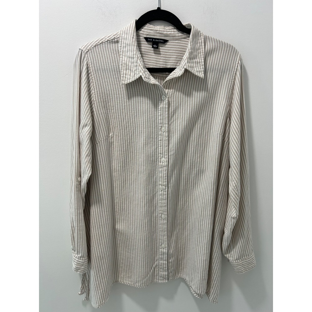 Zac & Rachel Tan White Striped Cotton Button Down Roll Tab Shirt XL